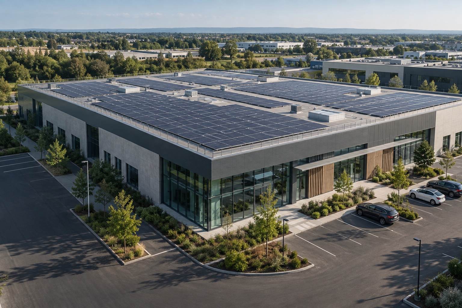 Centre professionnel équipé de panneaux photovoltaïques sur sa toiture